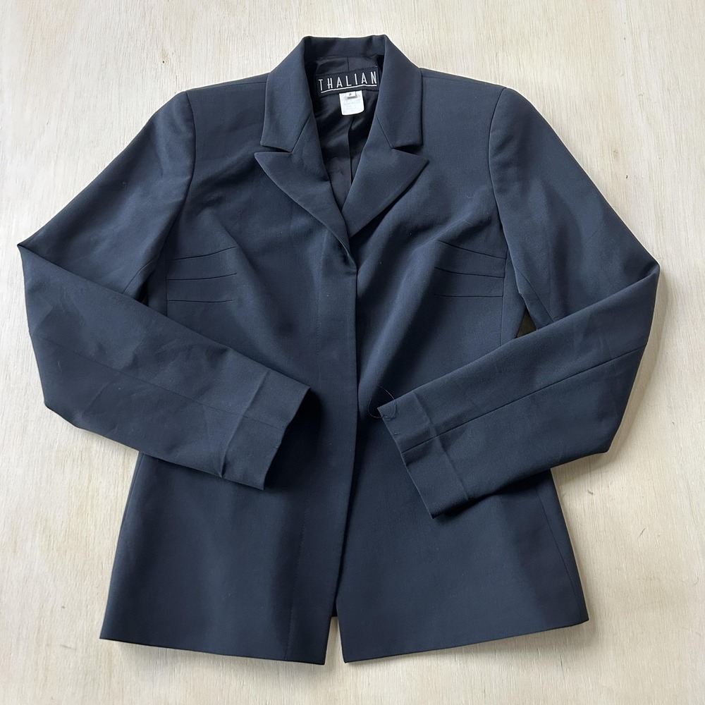 Vintage Thalian Blazer Jacket Womens 2 Black Notch Collar Lined Tailored Office